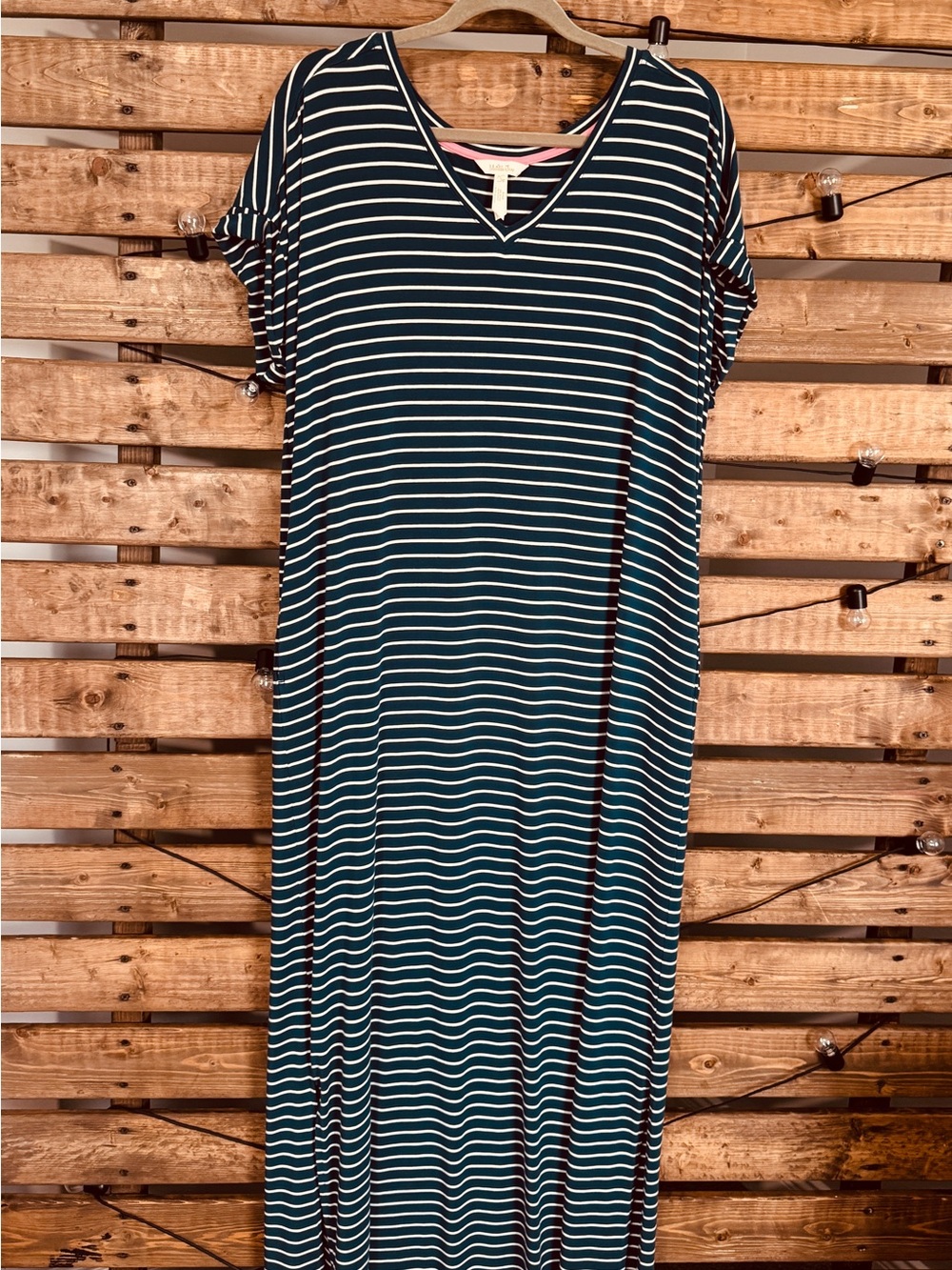 Matilda Jane Teal & White Stripe Maxi Dress V Neck WITH Pockets Size L
